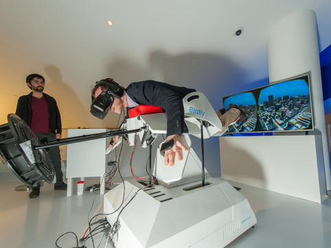 New York, April 15th, 2015 - Museum of the Moving Image and the Future of StoryTelling present "Sensory Stories: An Exhibition of New Narrative Experience," on view April 18–July 26, 2015. Shown: "Birdly," (2014/2015), a bird-flight simulator that allows a user to soar over Manhattan. Photo: Thanassi Karageorgiou / Museum of the Moving Image.